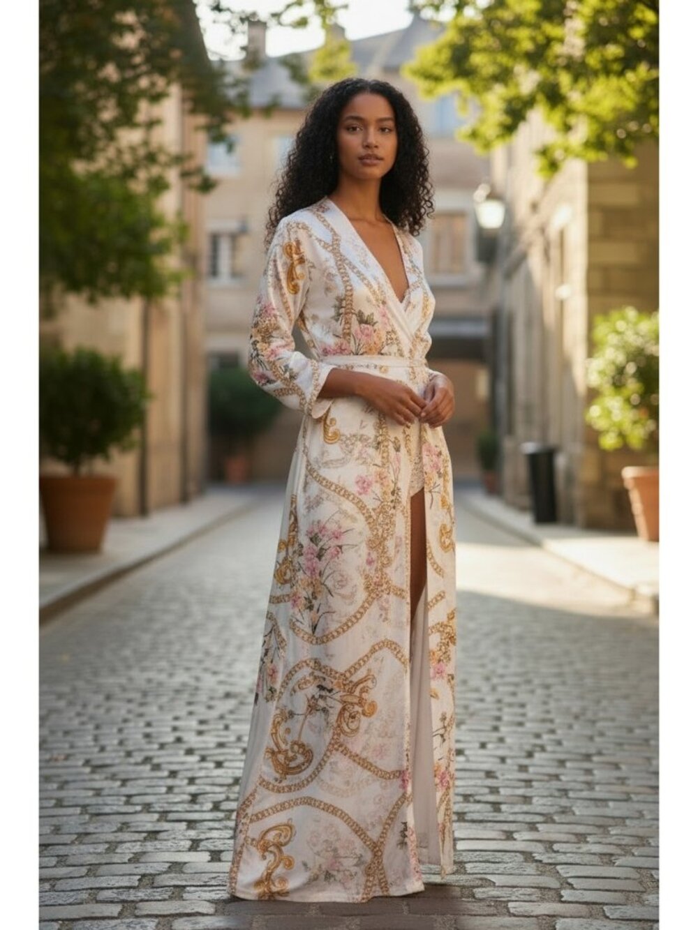 Boho Floral Chain Print Maxi Kimono Duster Cover Up